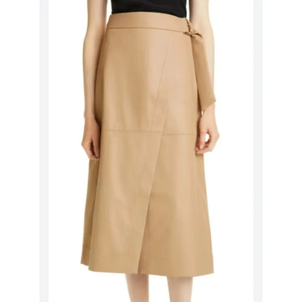 Ted Baker Women's Emmamh Camel Brown Faux Leather Wrap A Line Midi Skirt 8 NWT
